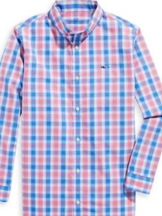 Vineyard Vines Other - Vineyard Vines Performance Boys' Bermuda Pink & Blue Check Poplin Shirt